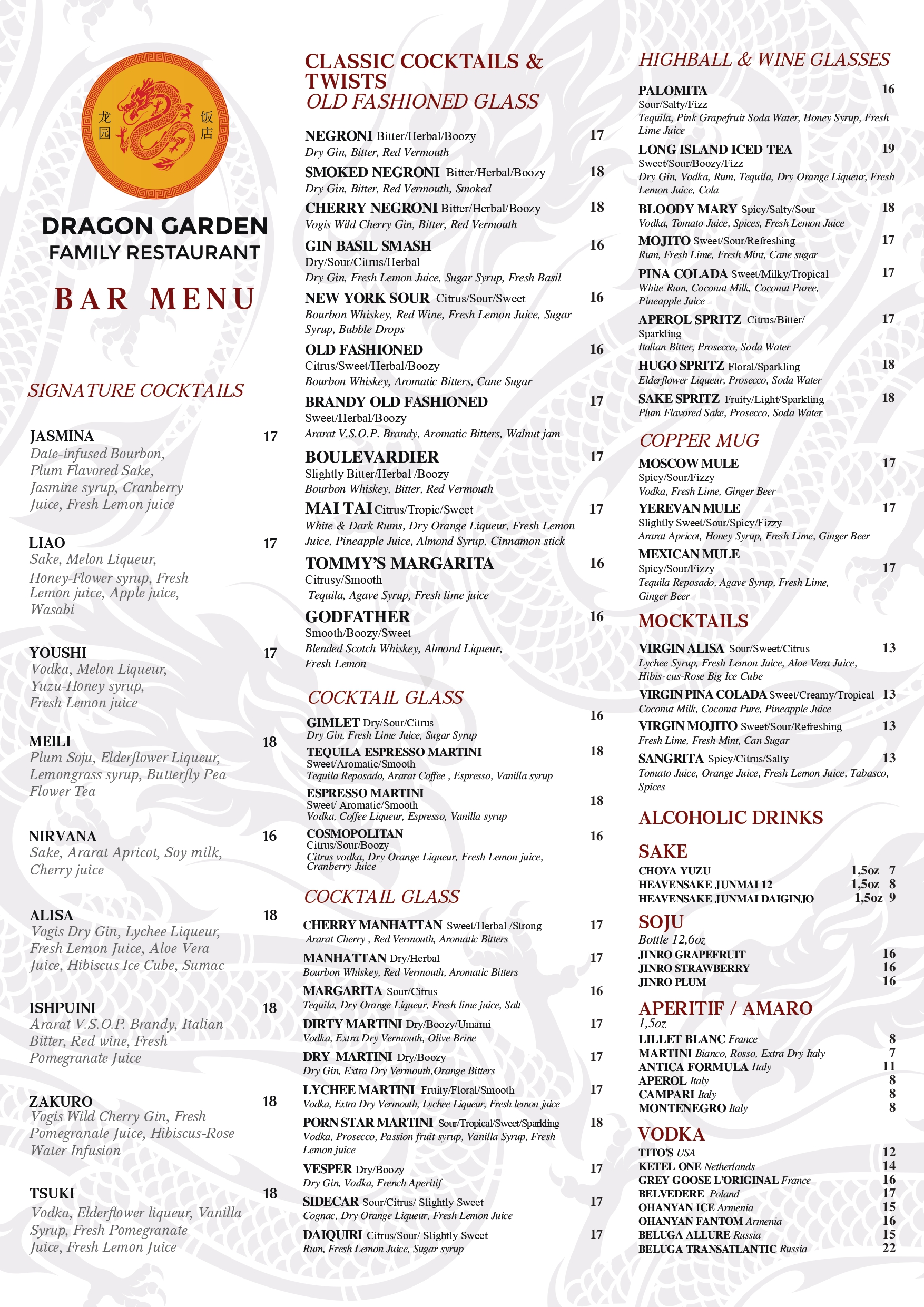 bar menu