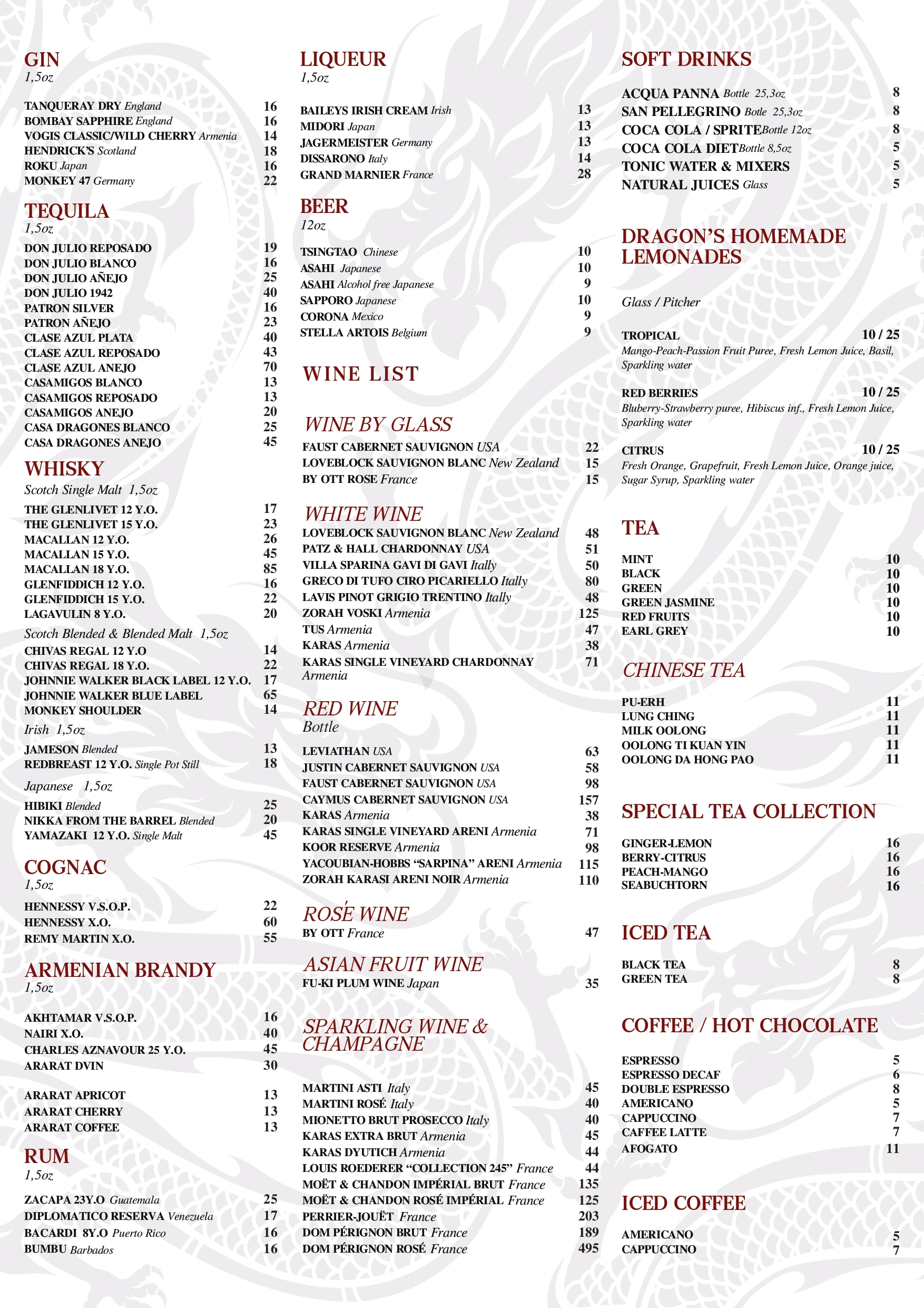 bar menu